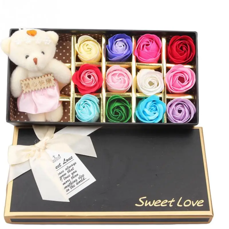 

Valentines Day Gift 12pcs/Box Romantic Scented Bath Soap Rose Soap Flower Petal with Cute Bear Doll Gift Box Festival Box Mother
