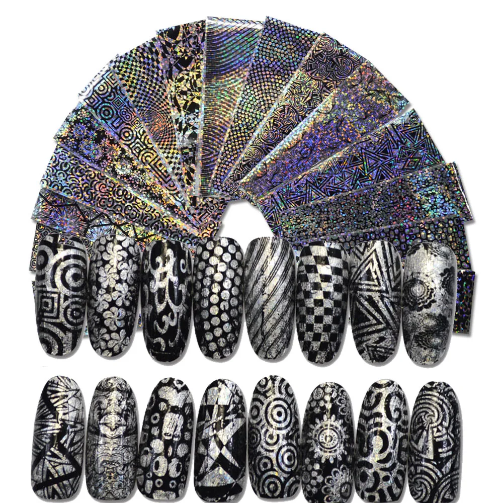 

16PCS New Arrival Nail Charm Laser Colors Black Glitter Polish Adhesive Glue Sticker Nail Art Foils Decorations LF01-16