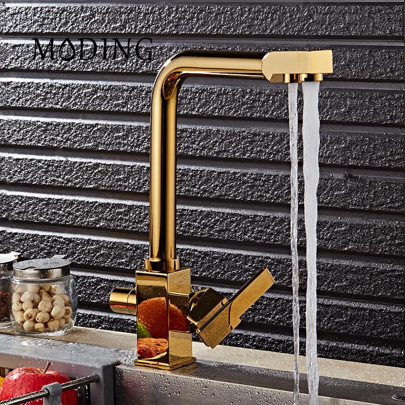 MODING Gold Silver Swivel Square 100 Brass Drinking Water Faucet 3 Way Water Filter Purifier Kitchen