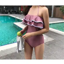 Цельный купальник с оборками, Одноцветный купальник, женская одежда для плавания с открытыми плечами, монокини, корейский купальный костюм, купальный костюм с пуш-ап воланами, пляжная одежда