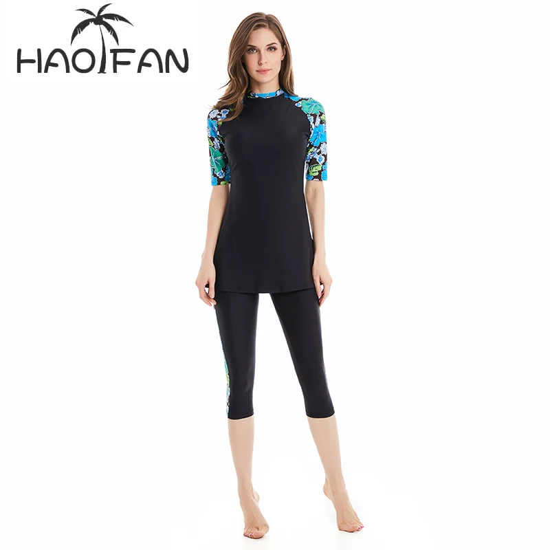 

HAOFAN Print Modest Swimsuit Muslim Swimwear Women Full Cover Short Sleeve Swimsuit Islamic Hijab Bathing Suit Burkinis 4XL