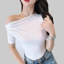 shintimes Sexy Off Shoulder T Shirt Summer 2019 New Skew Collar White Tshirt Women Black Slim T-Shirt Female Top Tee Shirt Femme black sexy off shoulder back splited t shirt