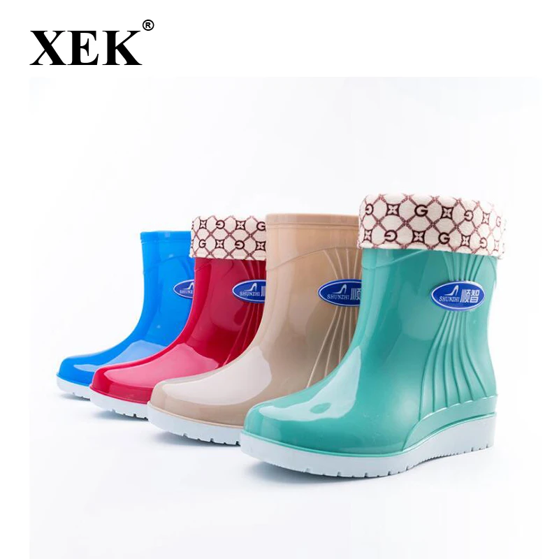 Xek New Plus Velvet Rain Boots Rain Boots Warm Water Shoes Ladies Tube Waterproof Nonslip