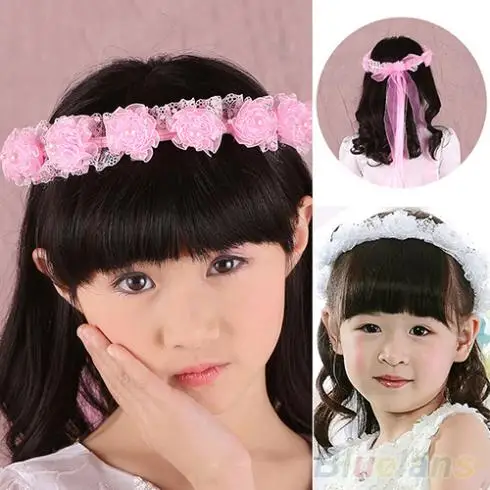 Hot Girl Children Faux Pearls Lace Ribbon Floral Flower Wedding Hairband Headband 22GZ