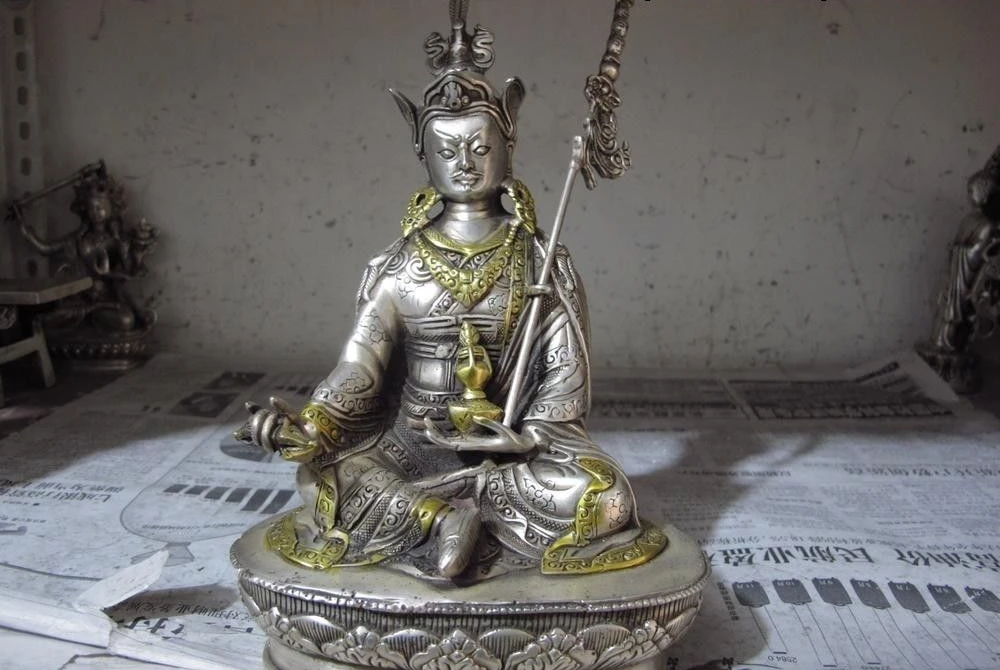 

8.5 Tibet Buddhism Temple White copper silver Gild Padmasambhava Buddha Statue