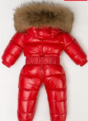 Ветрозащитный и водонепроницаемый Серебряный комбинезон металлик для маленьких мальчиков, Детский комбинезон с капюшоном из меха енота, верхняя одежда для малышей - Цвет: red shiny