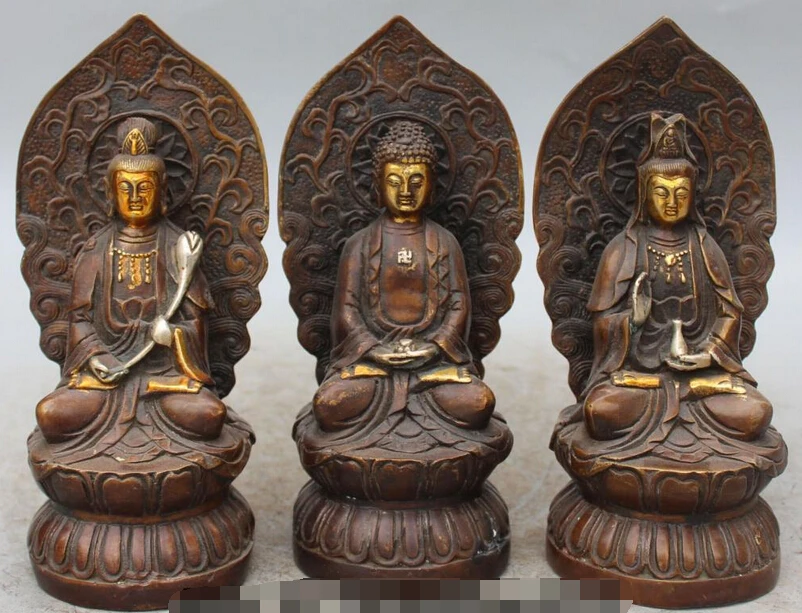 

8" China Bronze Gilt Silver Kwan-yin Shakyamuni Buddha Western 3 Gods Statue Set S0706