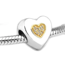 Подходит для браслетов Pandora, подвески в форме сердца с настоящим золотом 14 K,, Стерлинговое Серебро 925 пробы, ювелирные изделия, бусины