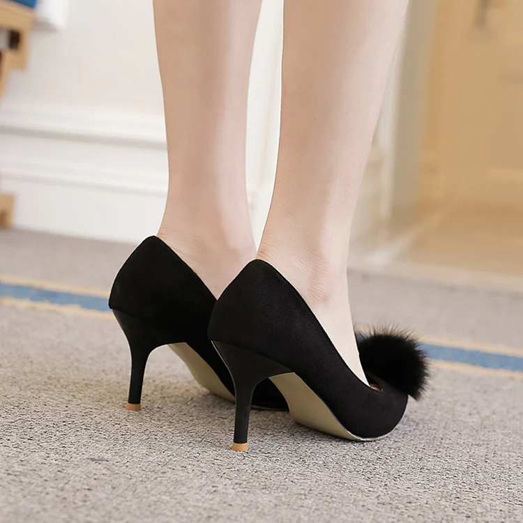 LALA IKAI Fur Pompon Decoration Women's Heels 2017 Fashion Flock 2017 Women's Pumps Wedding Shoes 040C0922-4 (13)