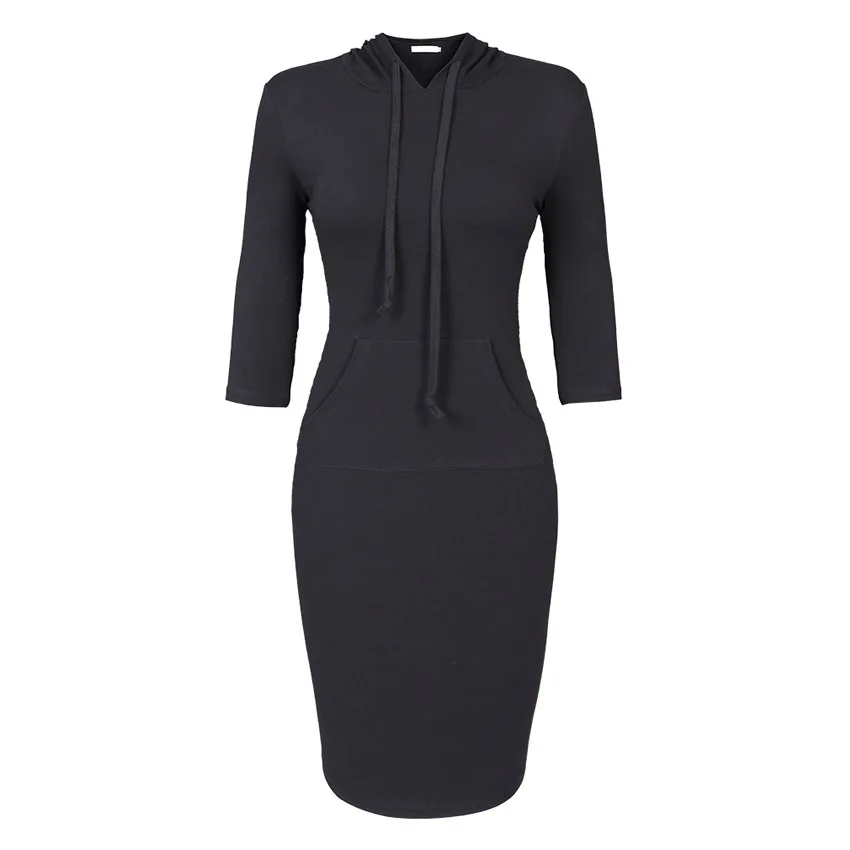 black LSYCDS модное платье с капюшоном для женщин весна осень 3/4 рукав хлопок платье карандаш Женская толстовка красные повседневные платья - Цвет: black