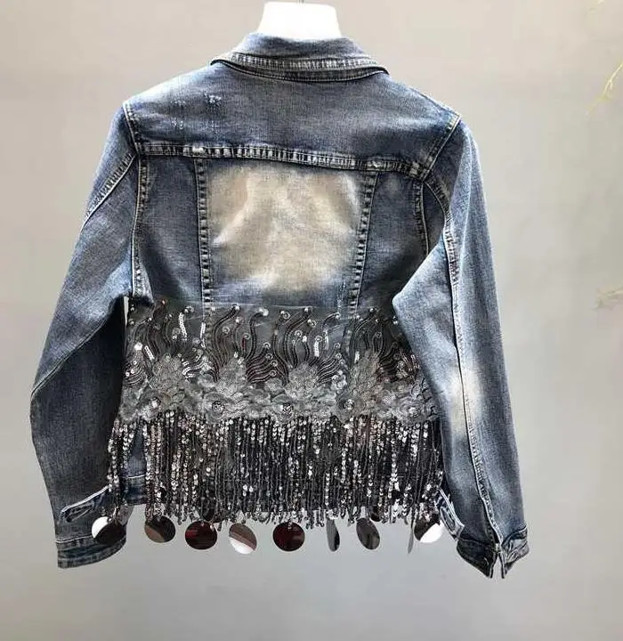 

2019 New Sequins Tassels Floral Embroidery Denim Coat Women Beading Shiny Jeans Jacket Female Blue Jeans Coats 1900