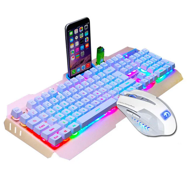 Проводная игровая клавиатура 104 клавиш клавиатура с подсветкой мышь комбинированная металлическая панель геймерская клавиатура Русские наклейки для настольного ПК планшета - Цвет: White Rainbow light