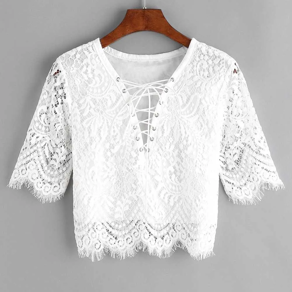 

Women Summer Short Sleeve Eyelet Lace Up Tops tshirt women short sleeves womens t shirts casual ladies tee shirt femme sexy#3
