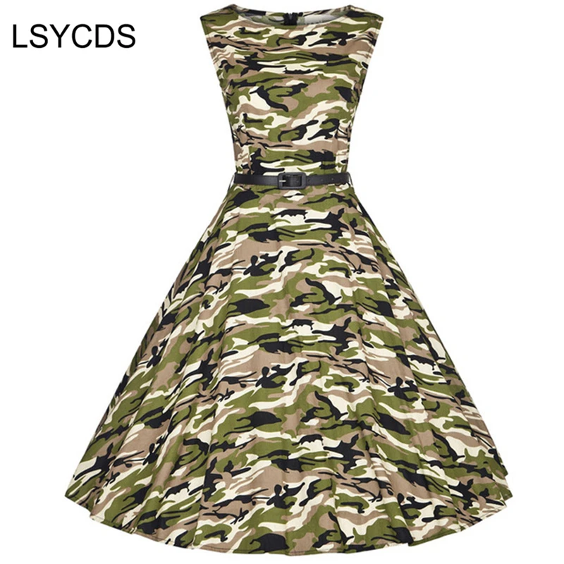 

2018 Women Dress Army Green Summer Audrey Hepburn 50s 60s Vintage Dresses Vestidos Plus Size Rockabilly Camouflage XS-4XL