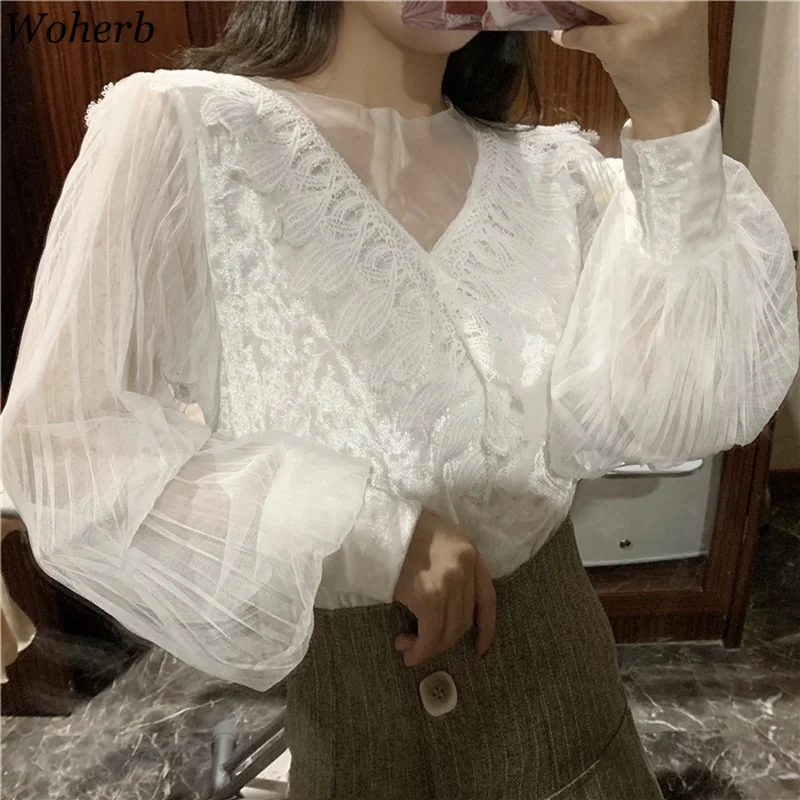 

Woherb Lantern Sleeve Spring Summer Mesh Spliced Blouses Women Lace Tops and Blouses Vintage See Throught Shirt Elegant Blusas