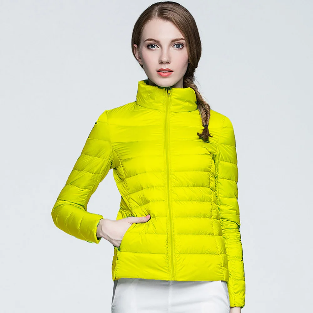 Зимний женский ультра легкий пуховик, 90% утиный пух, куртки, пальто для женщин, тонкий, длинный рукав, теплая парка, на молнии, пальто с карманами - Цвет: Yellow