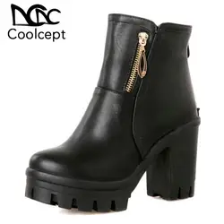 Coolcept/женские сапоги на высоком каблуке, теплая меховая обувь на платформе, Зимние ботильоны, обувь на толстом каблуке, Офисная женская