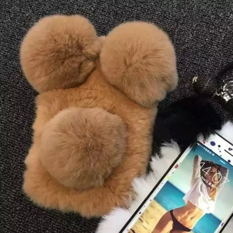 Роскошный чехол из настоящей кроличьей шерсти для Iphone 5S, 5, 6, 6 S, 6 S plus, кроличья шерсть, милая панда, зимние теплые пушистые волосы - Цвет: Brown