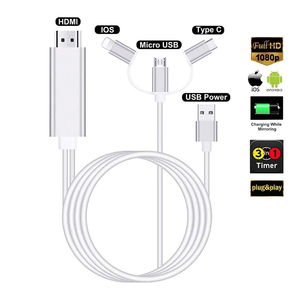 

Fanshu 3 in 1 USB C Type C Micro USB to HDMI Adapter Cable Digital HD 1080P HDMI Cable Mirror Cellphone Screen to TV Projector