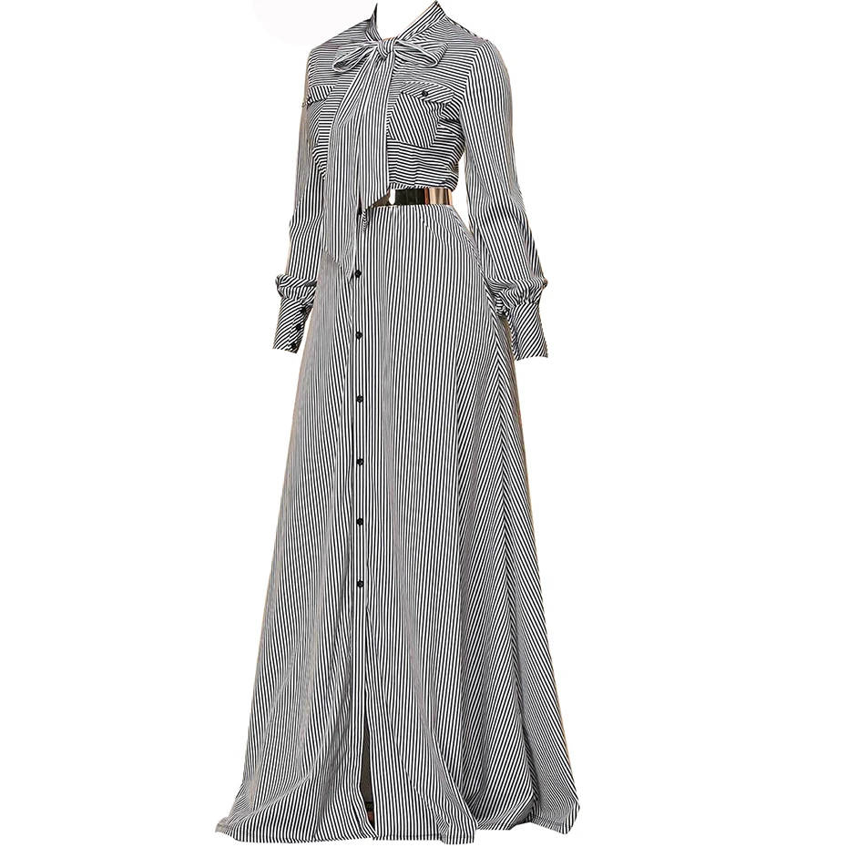 

Spring Autumn Women Striped Maxi Dress Casual Bowknot Dress Tie Single-Breasted Floor-length Elegant A-line Fashion Long Dress