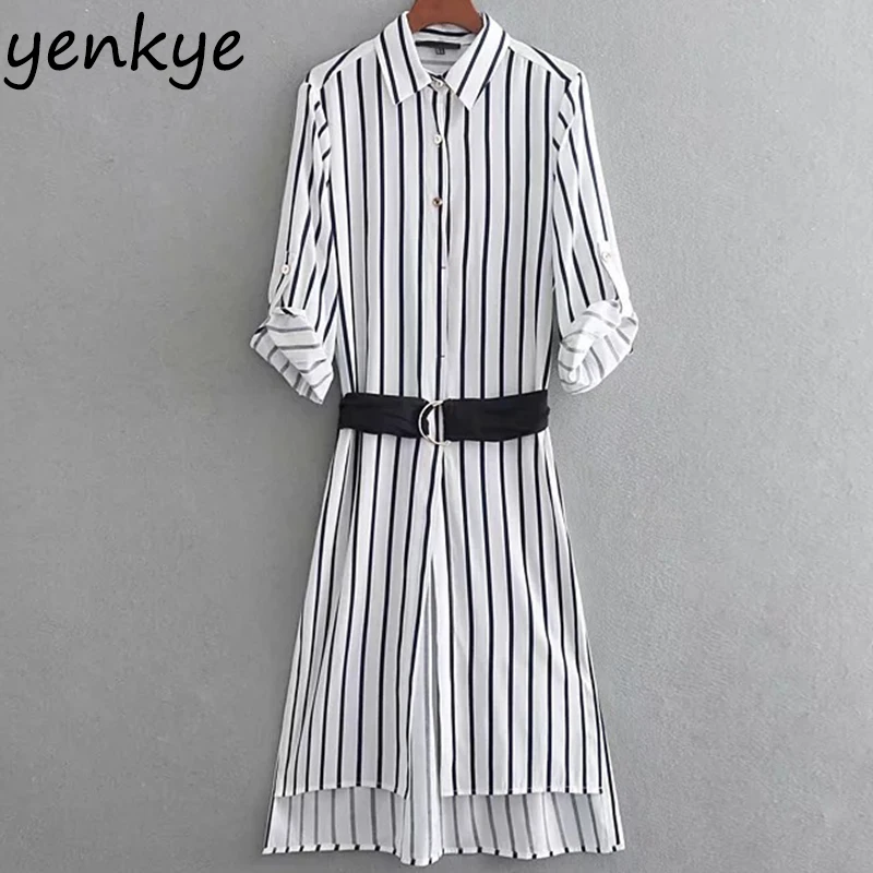 

2018 Women Roll-up Sleeve Striped Shirt Dress Female Turn-down Collar With Belt Sexy Split Midi Casual Autumn Dress CCWM8758