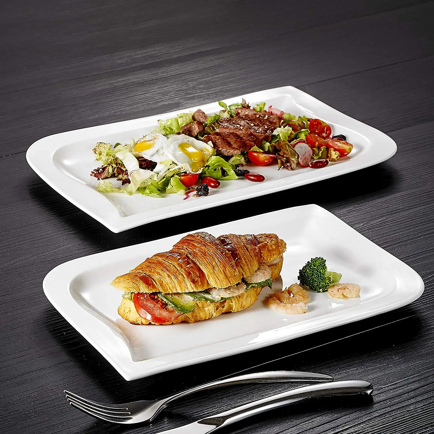 

MALACASA Joesfa 2-Piece Ivory White Porcelain Dinner Plates with 11"&13.25" Rectangular Dessert Plates Salad Dishes