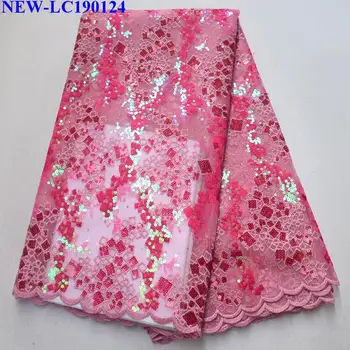 

2019 New Design African Pink embroidered Tulle Lace Fabric 5 Yards Nigerian sequins Embroidered Mesh Tulle Lace Fabric CX-001