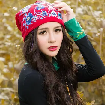 

Ethnic Skullies Beanies For Women Autumn Winter Mexico Style Original Designer Red Blue Yellow Embroidery Hat Beanies