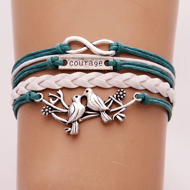 

NCRHGL Infinity Love Leather Bracelet Bangles Birds/Owls/Life Tree/Believe Dream/Giraffe/Sister Charm Braided Bracelets Unisex