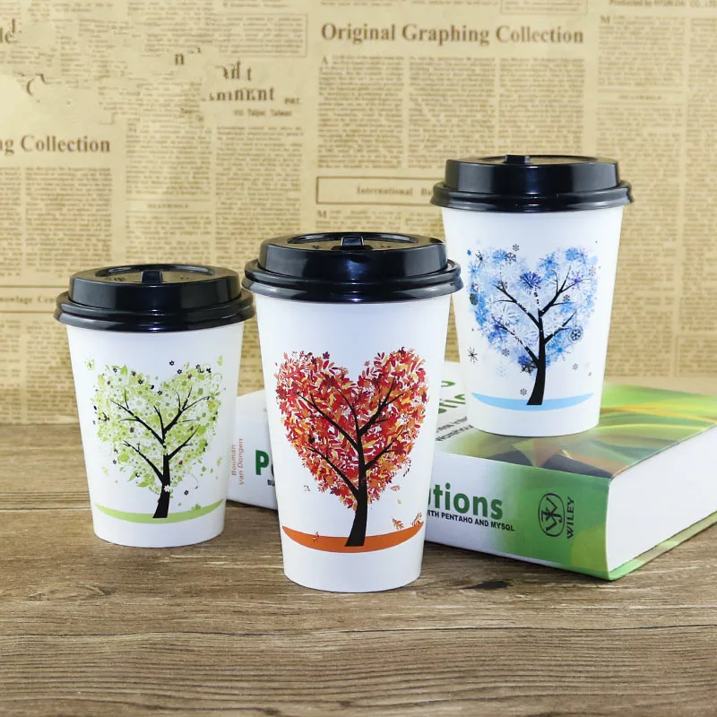

50pcs Disposable Coffee Cup Thicken Paper Cup Cartoon Love Tree Milk Tea Coffee Juice Drink Packaging Cups With Lids