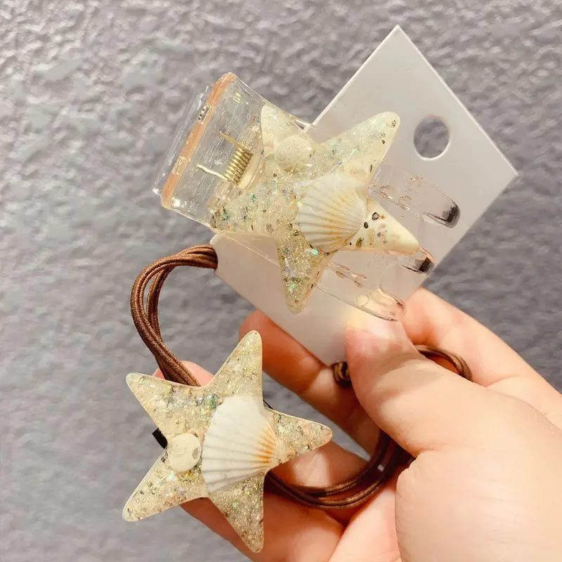 

Summer Ocean Style Cute Starfish Seashell Hair Claw Women Girl Metallic Sequins Ponytail Holder Shimmer Hair Styling Accessories