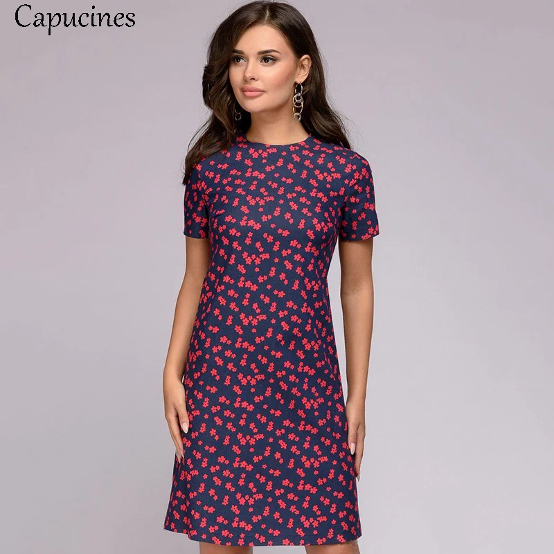 

Capucines Printed Slim Straight Summer Dress Women 2019 Short Sleeve O-Neck Casual Dress Party Mini Dresses Vestidos