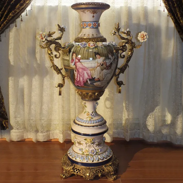 European Style Porcelain Eared Vase Brass Base Bible Theme Ceramic Decoration Antique Bronze Art