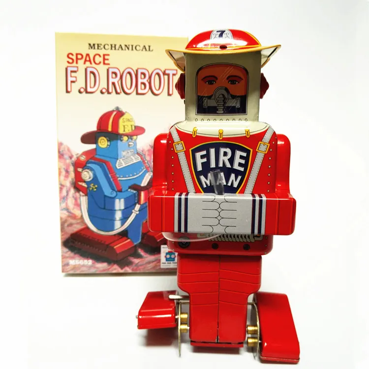 

[Best] Adult Collection Retro Wind up toy Metal Tin fire man Space F.D.ROBOT Mechanical Clockwork toy figures model kids gift