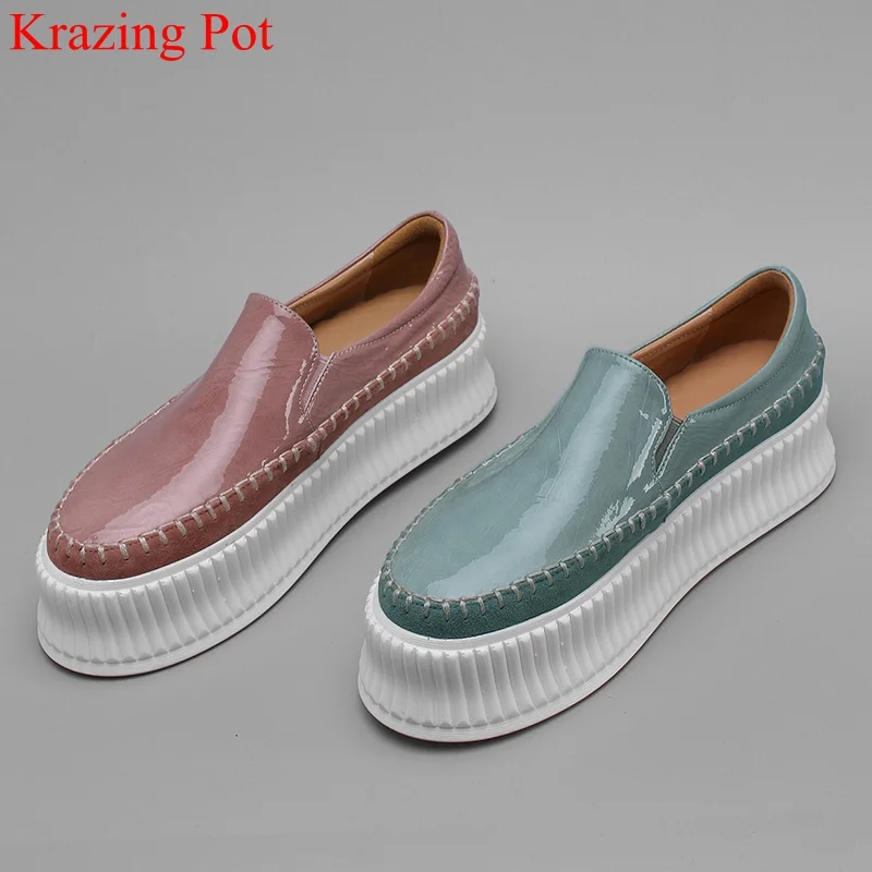 

genuine leather round toe thick bottom casual shoes increased solid loafer platform sneaker summer women vulcanized shoes L26