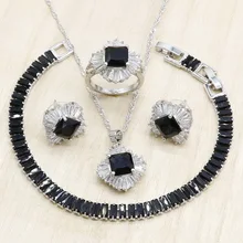 Геометрический черный кубический цирконий серебряные Ювелирные наборы для женщин браслет ожерелье кулон серьги кольцо День рождения Свадебные ювелирные изделия