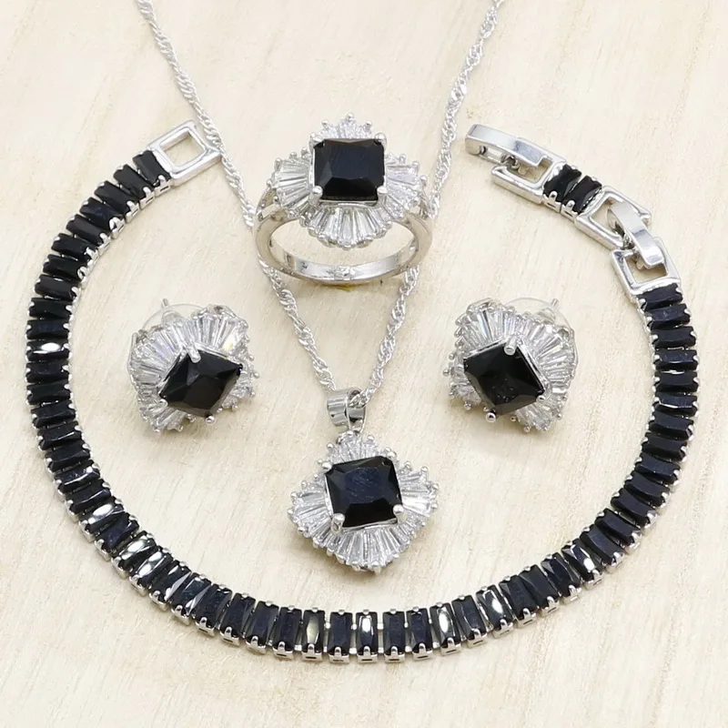 

Geometric Black Cubic Zirconia Silver Jewelry Sets for Women Bracelet Necklace Pendant Earrings Ring Birthday Wedding Jewelry