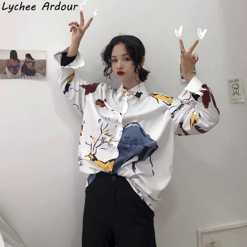 Lychee Ardour граффити однобортная блузка женская с длинным рукавом рубашки отложным