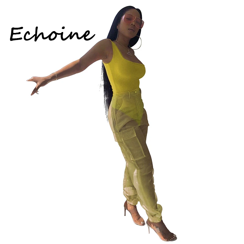 

Echoine Sexy Sleeveless Bodysuit + Mesh Long Pants With Pocket See Through Club 2 Piece Outfits For Women 4 Color