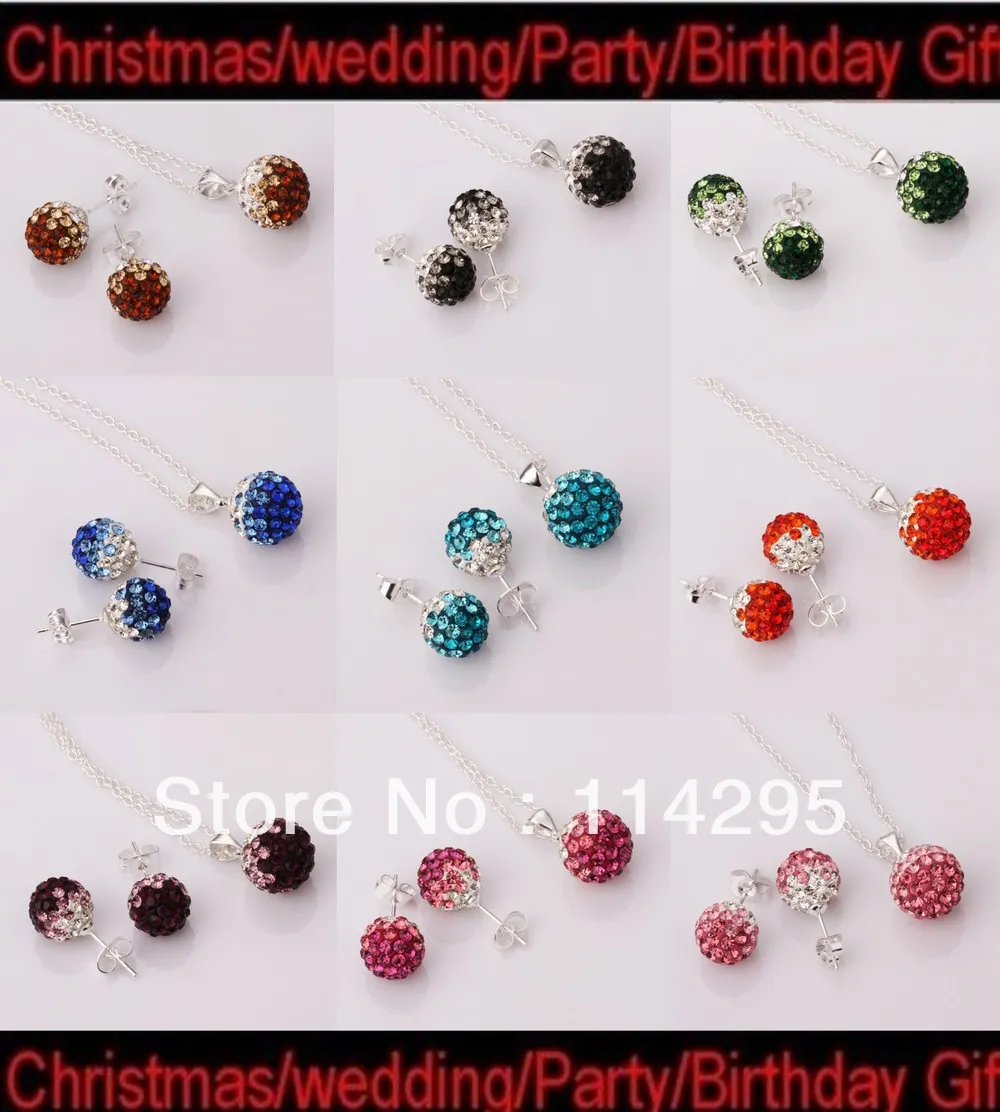 New Shamballa Jewelry Set Unique Gradient CZ Disco Pave Crystal Ball Pendant Necklace+Stud Earrings+925 Silver Chains | Украшения и