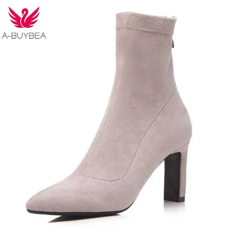 

Women Stiletto High Heels Frosted Suede Flock Ankle Boots Shoes 2018 Female Ladies Pointed Toe Booties Autumn Footwear Boot Shoe