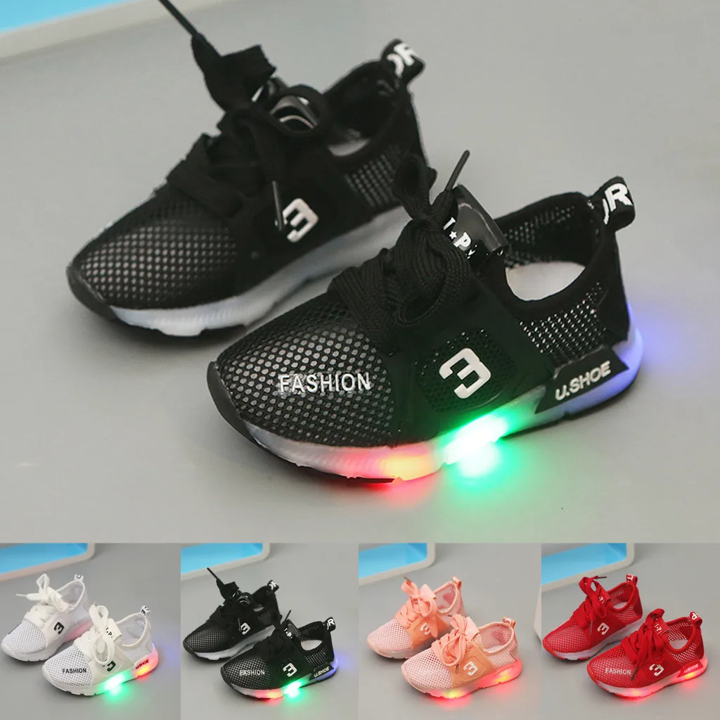 Toddler Kids Baby girls shoes Mesh Breathable LED Luminous Sport Shoes Sneakers shoes with light zapatos deportivos niña#XB30