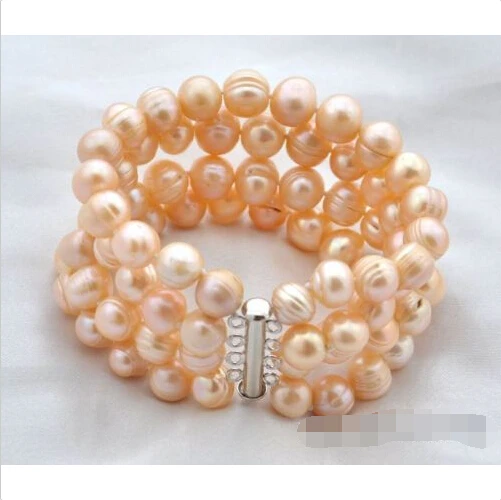 

Free shipping 4strands 8"11mm baroque pink freshwater pearl bracelet @^Noble style Natural Fine jewe