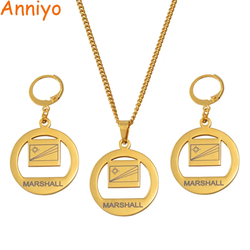 

Anniyo Marshall Flag Pendant Necklace and Earrings for Women Girls Gold Color Marshallese Jewelry sets Stainless Steel #061021