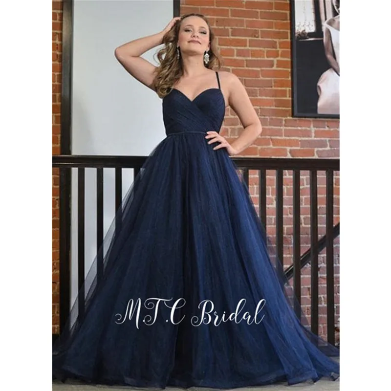 

Navy Blue Pleat Tulle Evening Dress Long Sweetheart Spaghetti Strap A Line Cheap Weding Party Gowns 2019 Hot Selling Prom Dress
