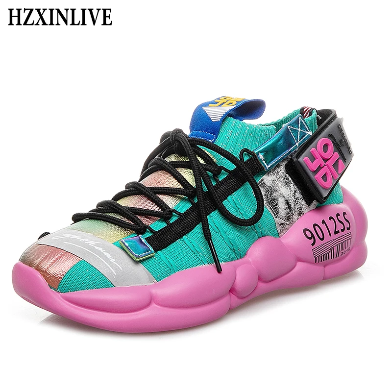 HZXINLIVE 2019 New Sneakers Women Chunky White Sneakers Sock Shoes Casual Flats Breathable Soft Luminous Shoes Zapatos De Mujer