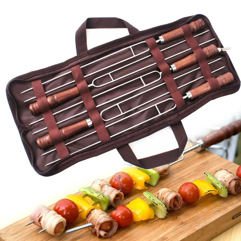 

5pcs 16.5''(42cm) U shape BBQ Skewers Stainless steel Barbecue Kebab Skewer Wood Handle BBQ Forks in Portable Storage Bag
