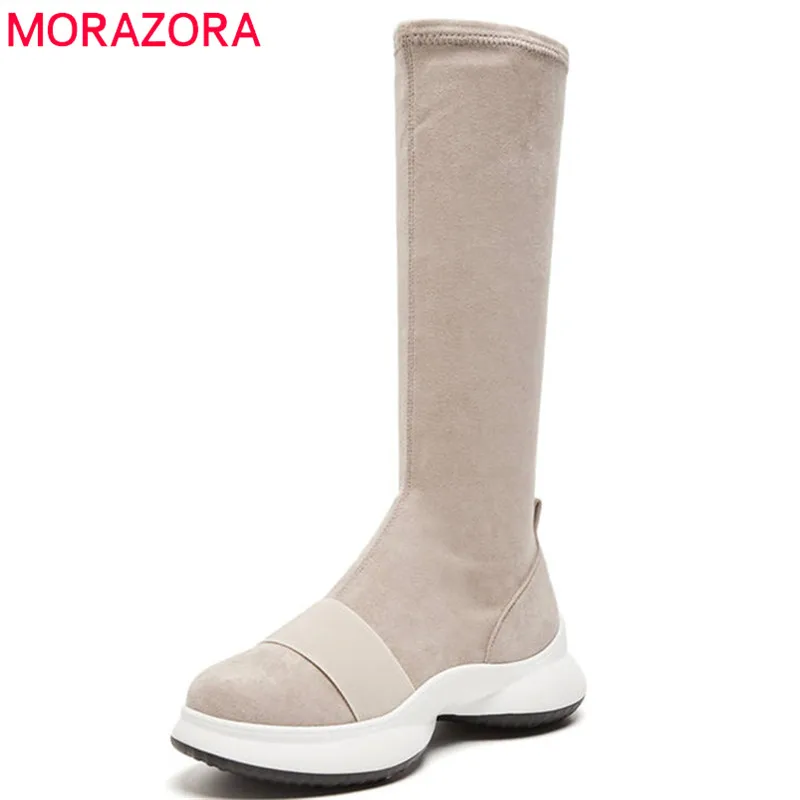 

MORAZORA 2018 new fashion shoes woman round toe mid calf boots suede leather autumn boots slip on casual flat ladies boots