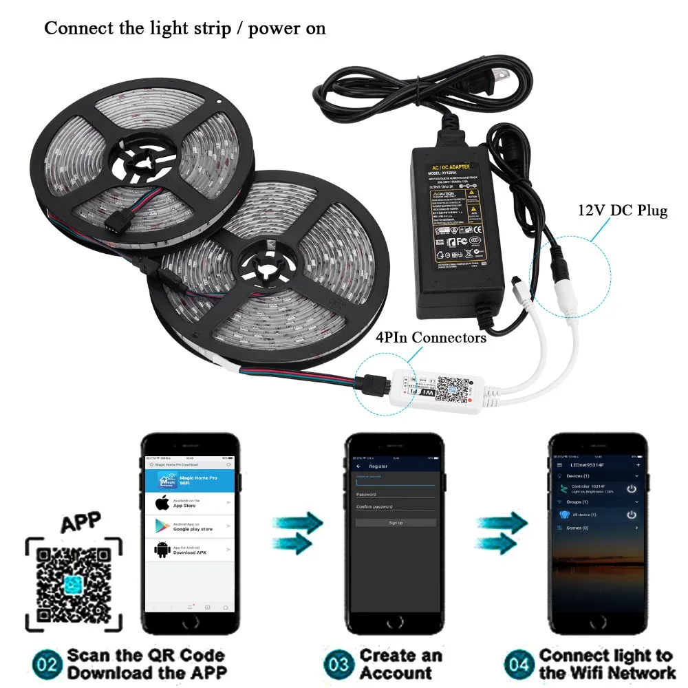 XGBTEL WiFi Светодиодная лента 10 М 5050 DC 12 В 300 LED RGB светодиодный светильник