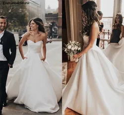 Sweetheart 2020 Satin Modest A-Line Wedding Dresses Court Train Garden Beach Bridal Gowns Plus Size Cheap Robe Mariage Sweetheart 2020 Satin Modest A-Line Wedding Dresses Court Train Garden Beach Bridal Gowns Plus Size Cheap Robe Mariage